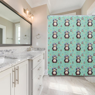 Rideaux De Douche Pingouins d'aquarelle Motif Petit printemps Turquo