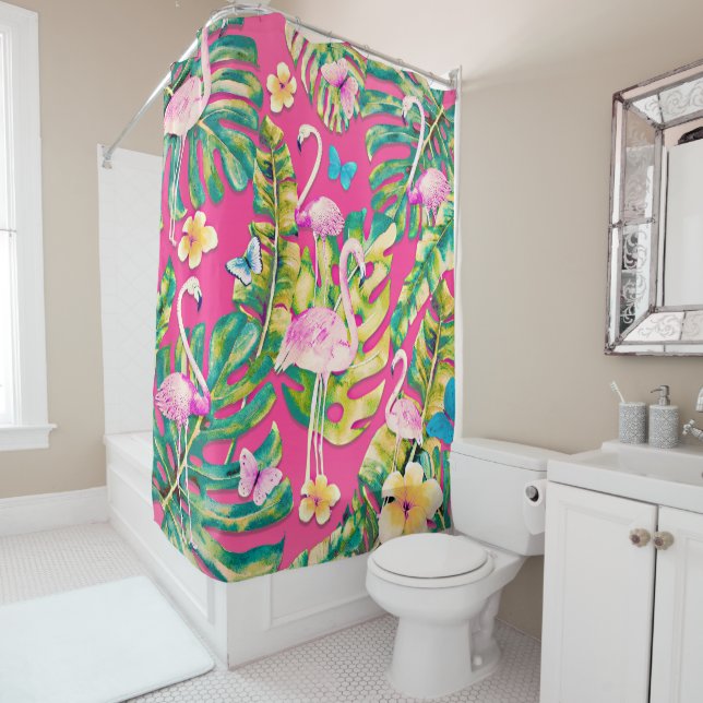 Rideaux De Douche Pink Flamingos Tropical Botanical Butterfly (En situation)