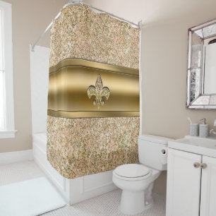 Rideaux De Douche Pink & Gold Sparkle Glittery Fleur de lis Chic