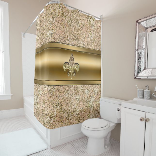 Rideaux De Douche Pink & Gold Sparkle Glittery Fleur de lis Chic (En situation)