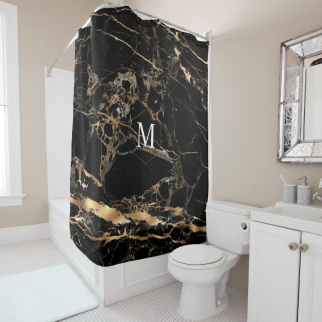 Rideaux De Douche PixDezines VINS EN MARBRE NOIR+FAUX OR (En situation)