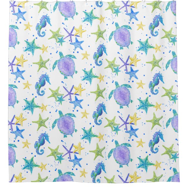 Rideaux De Douche Plage d'aquarelle de mer Starfish Seahorse (Devant)