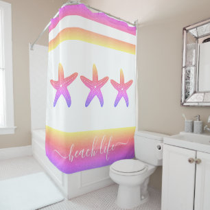 Rideaux De Douche Plage d'étoiles de mer rose violet jaune script de