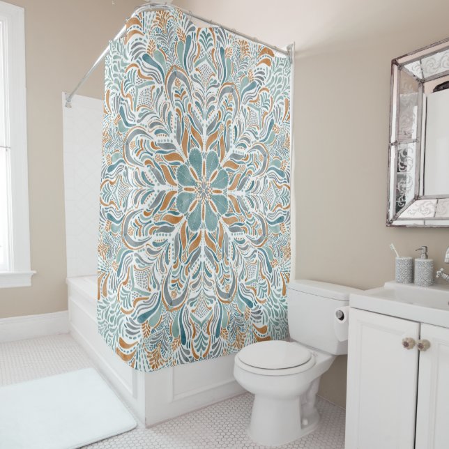 Rideaux De Douche Plage Échap Turquoise Brown Aquarelle Mandala (En situation)