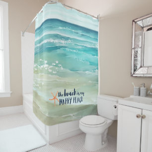 Rideaux De Douche Plage Happy Place Watercolor Waves Coastal