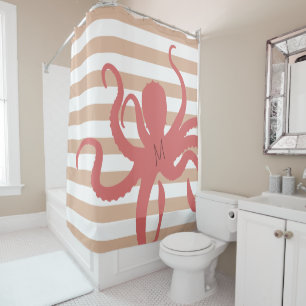 Rideaux De Douche Plage moderne de pieuvre rouge sable blanc rayé