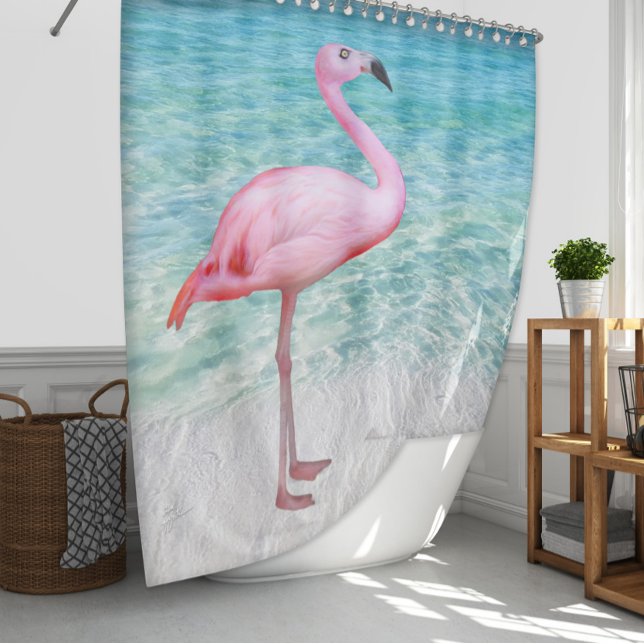Rideaux De Douche Plage Océan Flamant rose rose Tropical (Créateur téléchargé)