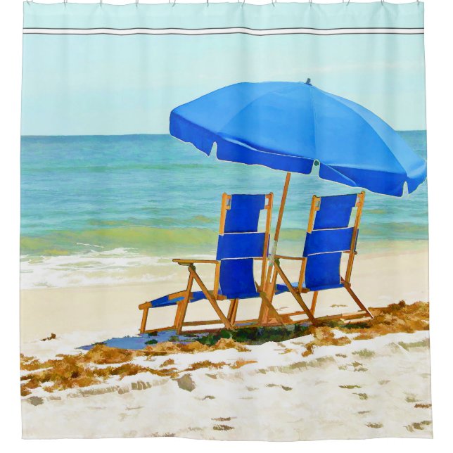 Rideaux De Douche Plage, parapluie et chaises (Devant)