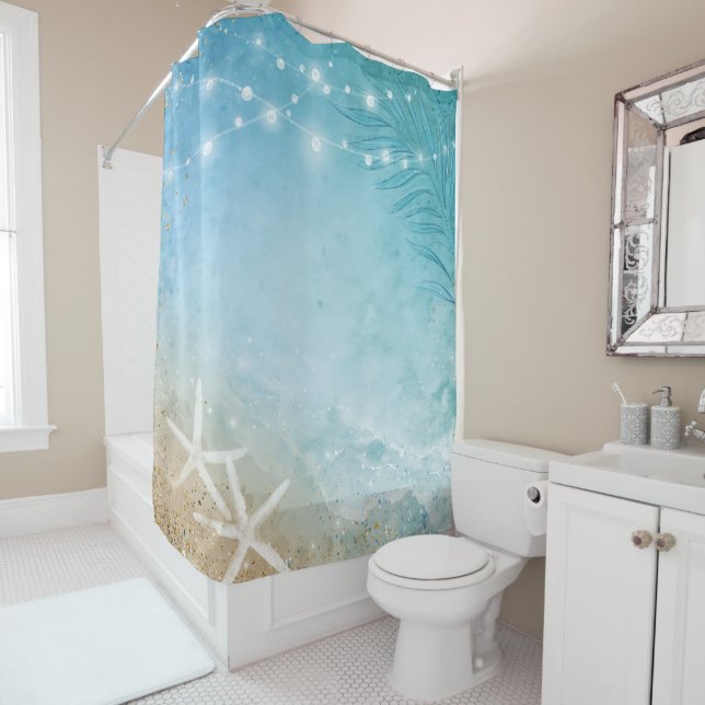 Rideaux De Douche Plage Rustique Art bleu Turquoise Aquarelle (En situation)