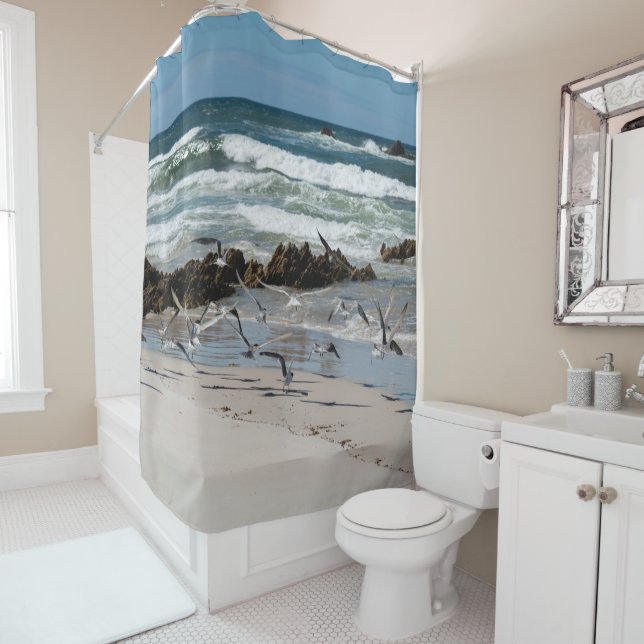Rideaux De Douche Plage Sable Oiseaux Gulls Paradise Paysage (En situation)