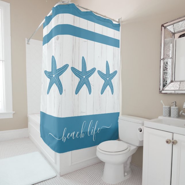 Rideaux De Douche Plage script de vie turquoise étoile blanc bois ru (En situation)