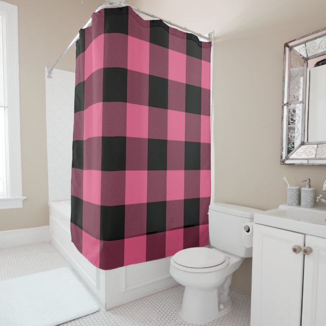 Rideaux De Douche Plaid de buffle rose et noir À damiers rustique (En situation)