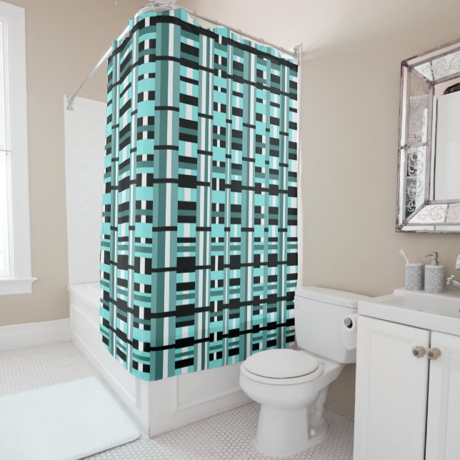 Rideaux De Douche Plaid en Aqua, Turquoise, noir & blanc (En situation)
