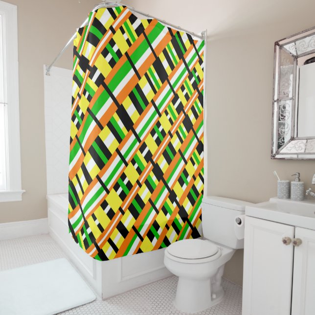 Rideaux De Douche Plaid en diagonale moderne verte, orange et jaune (En situation)