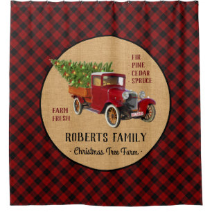 Rideaux De Douche Plaid rouge de camion vintage de ferme d'arbre de