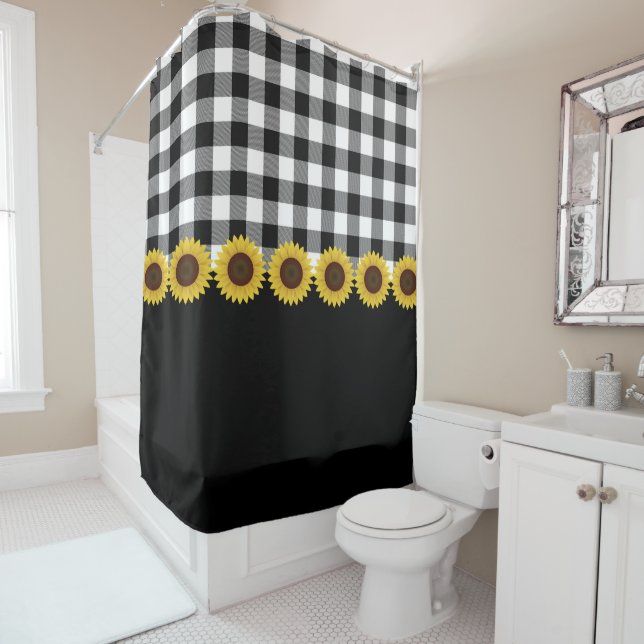 Rideaux De Douche Plaids rustiques noir et blanc Motif de tournesol  (En situation)