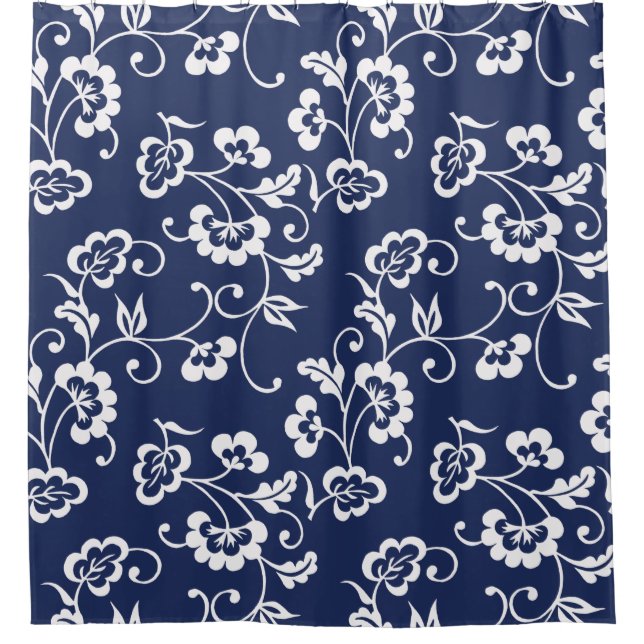 Rideaux De Douche Plan floral bleu et blanc de la marine (Devant)