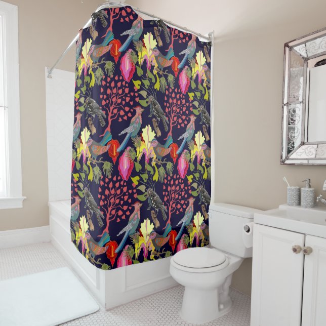 Rideaux De Douche Plan floral Paradise Oiseaux et Arbres en fleurs (En situation)