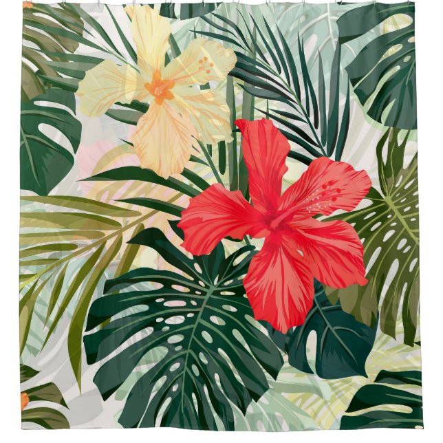 Rideaux De Douche Plantes tropicaux hawaïens, fleurs colorées. (Devant)