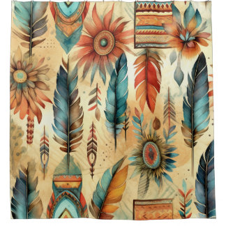 Rideaux De Douche Plumes bleues de la tribu Aztec Boho