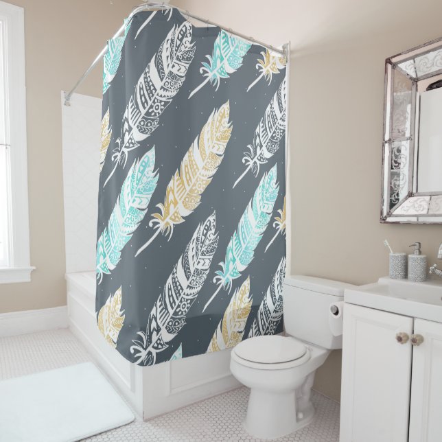Rideaux De Douche Plumes bronzages turquoises de tribal de Boho (En situation)