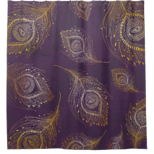 Rideaux De Douche Plumes de paon or, arrière - plan violet.