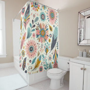 Rideaux De Douche Plumes et Fleurs Bohèmes Fantaisistes