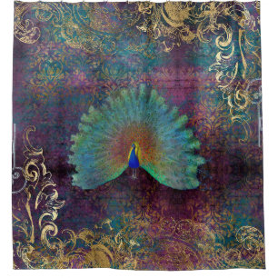 Rideaux De Douche Plumes Peacock vintages Parchemins d'or Turquoise 