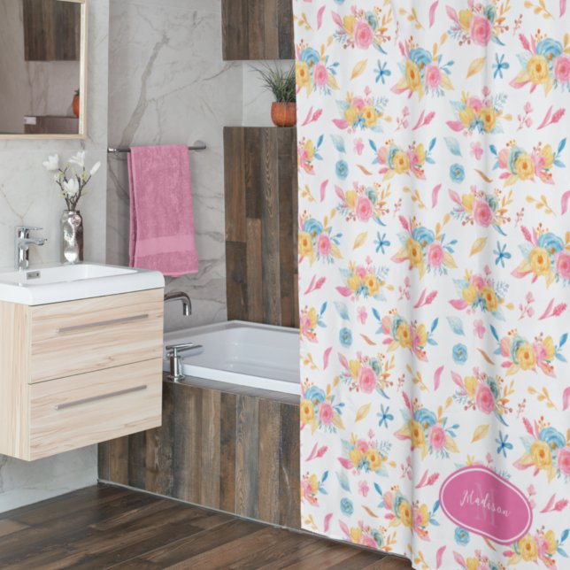 Rideaux De Douche Plutôt rose Motif Floral Monogramme Salle de bain (Créateur téléchargé)