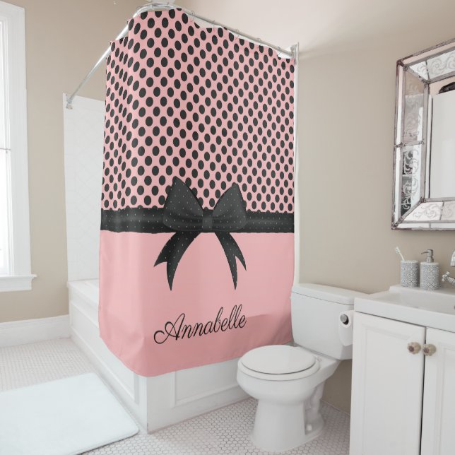 Rideaux De Douche Points et ruban roses noirs (En situation)
