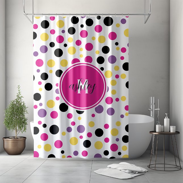 Rideaux De Douche Pois de monogramme rose rétro (Créateur téléchargé)