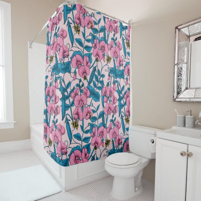 Rideaux De Douche Pois doux et bourdons, rose et bleu (En situation)