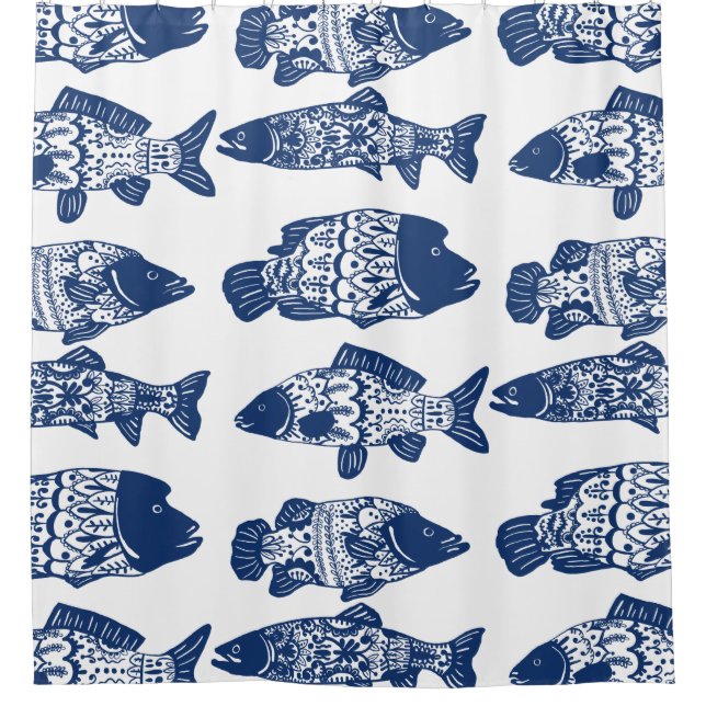 Rideaux De Douche Poisson à motifs floraux bleu marine (Devant)