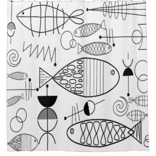 Rideaux De Douche Poisson moderne du milieu du siècle Art noir blanc