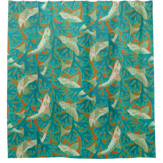 Rideaux De Douche POISSONS ET ALGUES JAUNE BLEUE Art Nouveau Motif (Devant)