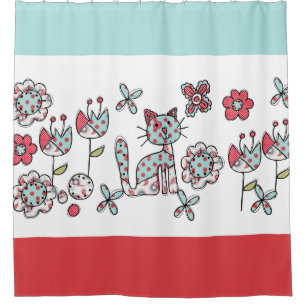 Rideaux De Douche Polka bleu et rouge chats et fleurs pointillés