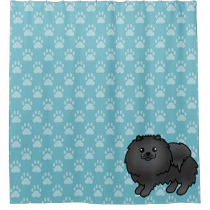 Rideaux De Douche Pomeranian noir sur fond bleu et empreintes de pat