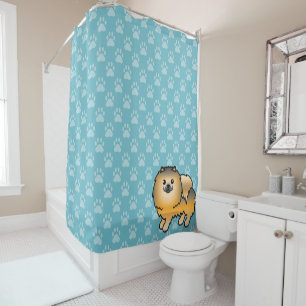 Rideaux De Douche Pomeranian Sable Orange sur Fond Bleu et Pattes de