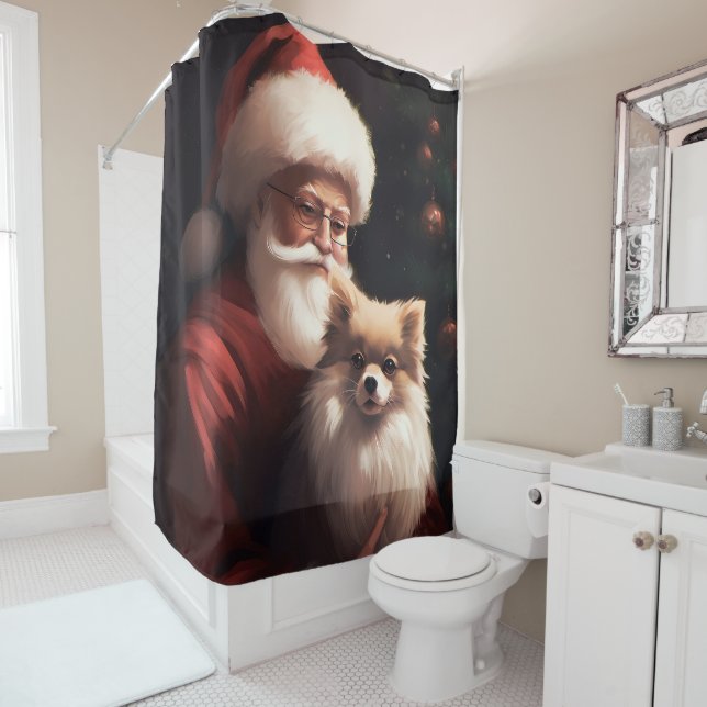 Rideaux De Douche Poméranien avec Noël Festif du Père Noël (En situation)