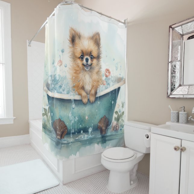 Rideaux De Douche Poméranien dans la baignoire aquarelle chien art (En situation)