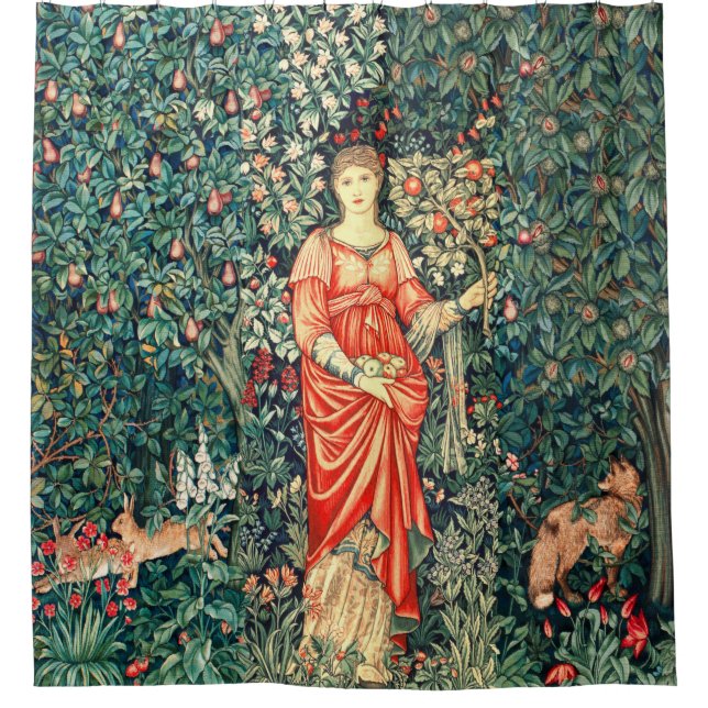 RIDEAUX DE DOUCHE POMONA TENANT DES FRUITS EN VERDURE, ANIMAUX FORES (Devant)
