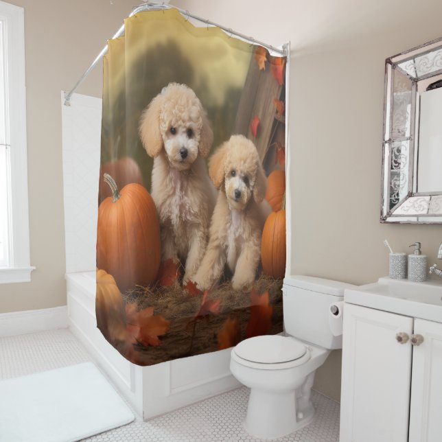 Rideaux De Douche Poodle Chiot Automne Citrouille délice (En situation)