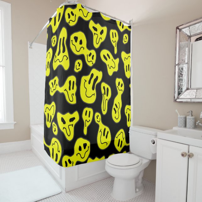 Rideaux De Douche pop art fusion de visages heureux rétro années 199 (En situation)