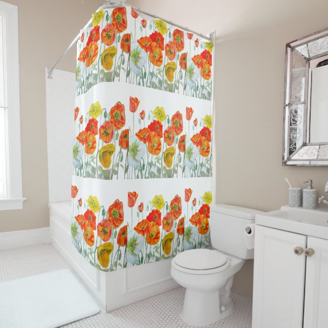 Rideaux De Douche Poppies d'aquarelle orange rouge jaune pavot Art (En situation)