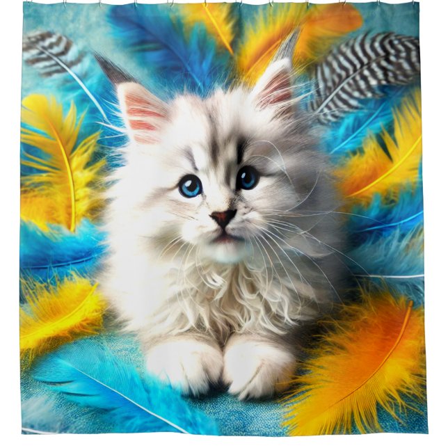 Rideaux De Douche Portrait de chaton radieux aux plumes (Devant)