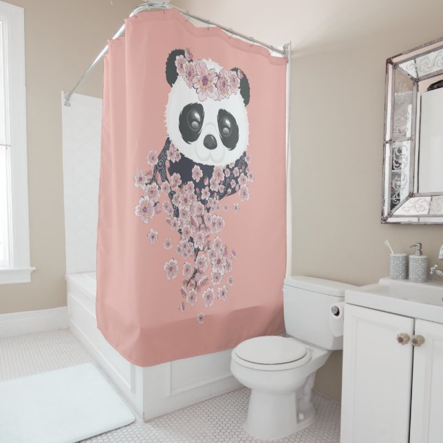 Rideaux De Douche Portrait de panda avec des fleurs de Sakura (En situation)