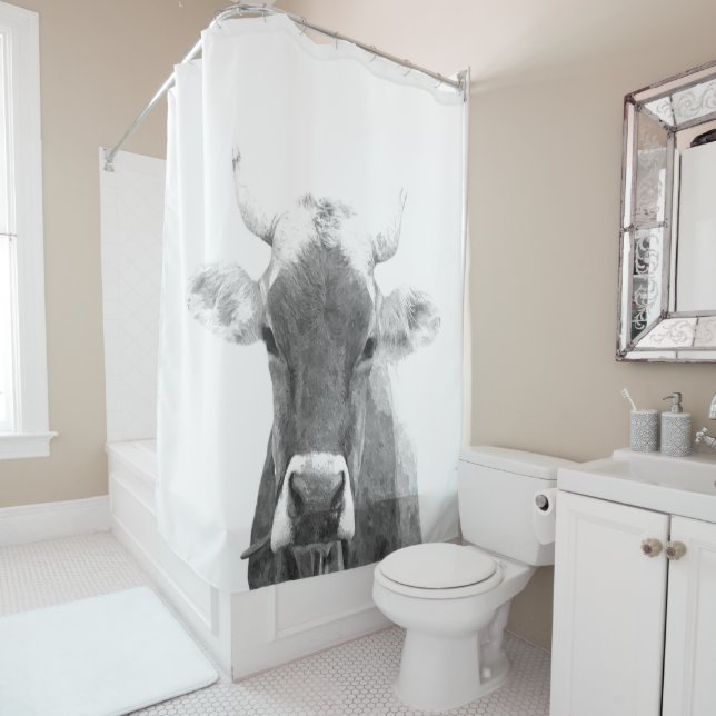 Rideaux De Douche Portrait de vache noir et blanc (En situation)