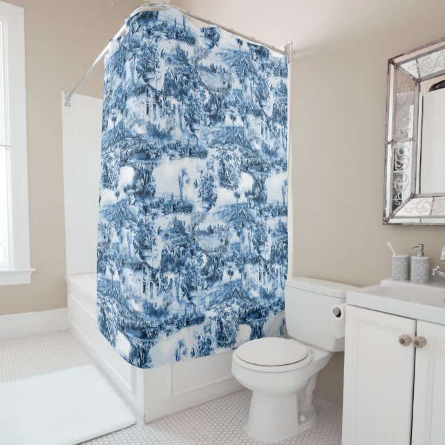 Rideaux De Douche Portugais bleu tuiles romantique scène motif (En situation)