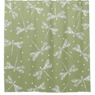 Rideaux De Douche Pots blancs et libellules vert olive