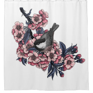 Rideaux De Douche Poulet sur une branche de cerise en fleurs